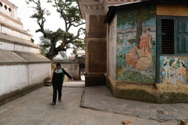 Kathmandu, Nepal - 28 Ekim 2017: Peştupatinath 'ta bir galon su taşıyan sıradan giysili bir adam.