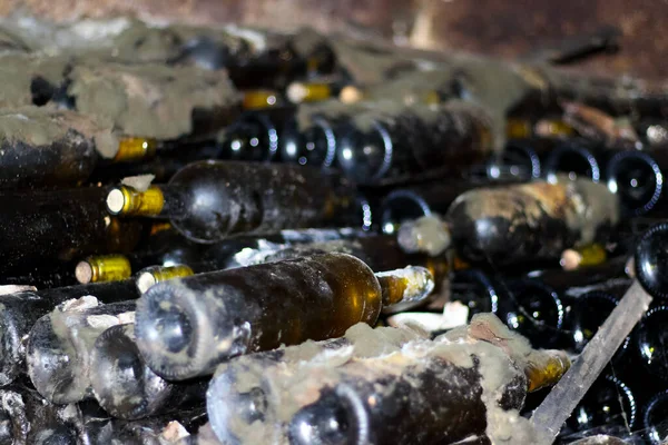 Viejas Botellas Vino Dispuestas Una Cueva — Foto de Stock