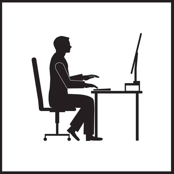 Επιχειρηματίας κάθεται σε καρέκλα γραφείου στο τραπέζι και να εργάζονται στον υπολογιστή. Πλαϊνή όψη. Διάνυσμα σιλουέτα. Ο άνθρωπος πληκτρολογώντας στο γραφείο στο γραφείο και κοιτάζοντας στην οθόνη — Διανυσματικό Αρχείο