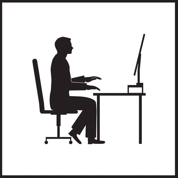 Ofis koltuğu masada oturan ve bilgisayarda çalışan bir işadamı. Yan görünümü. Vektör siluet. Resepsiyon ofiste bulunan yazıp monitör içine bakarak adam