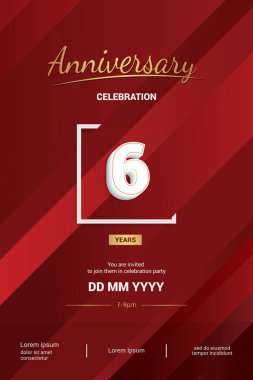 6 yıl yıldönümü logo vektör çizim kırmızı zemin üzerine 3d beyaz numarasıyla