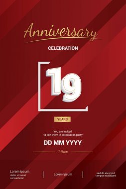 19 yıl yıldönümü logo vektör çizim kırmızı zemin üzerine 3d beyaz numarasıyla