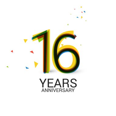 16 yıl yıldönümü katmanlı ve renkli kutlama logosu beyaz arka plan üzerinde izole