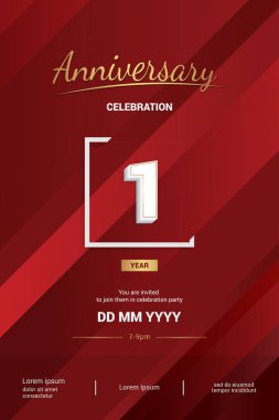1 yıl yıldönümü logo 3d beyaz numarayla vektör illüstrasyon kırmızı zemin üzerine