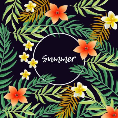 Yaz vektör tasarımı duvar kağıdı, tebrik kartı veya el ilanı ile palmiye yaprakları, vektör çizim kağıt kesme tarzı tasarım kullanarak koyu arka plan üzerinde