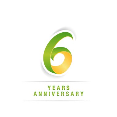 6 yaşındaki beyaz zemin üzerine yeşil ve sarı kutlamaları Logo, vektör illüstrasyon izole 