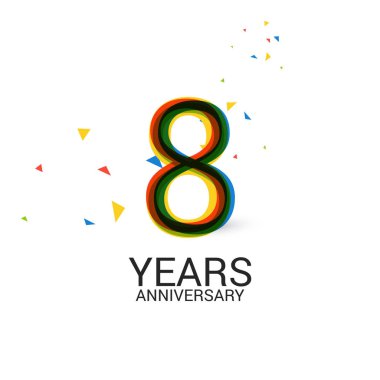 Katmanlı ve renkli 8 yıl yıldönümü kutlama logosu beyaz arka plan üzerinde izole