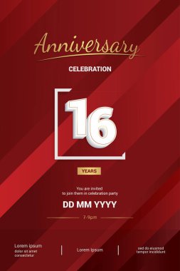 16 yıl yıldönümü logo vektör çizim kırmızı zemin üzerine 3d beyaz numarasıyla