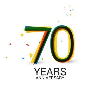 70 yıl yıldönümü katmanlı ve renkli kutlama logosu beyaz arka plan üzerinde izole