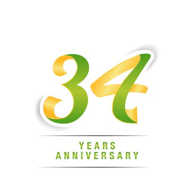 34 yaş beyaz zemin üzerine yeşil ve sarı kutlamaları Logo, vektör illüstrasyon izole 