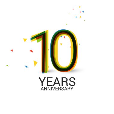 10 yıl yıldönümü katmanlı ve renkli kutlama logosu beyaz arka plan üzerinde izole