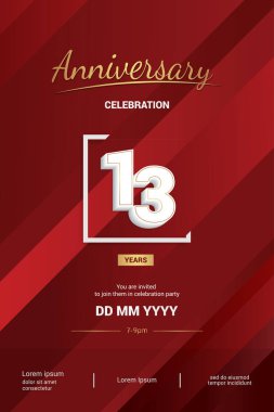 13 yıl yıldönümü logo vektör çizim kırmızı zemin üzerine 3d beyaz numarasıyla