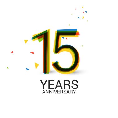 15 yıl yıldönümü katmanlı ve renkli kutlama logosu beyaz arka plan üzerinde izole