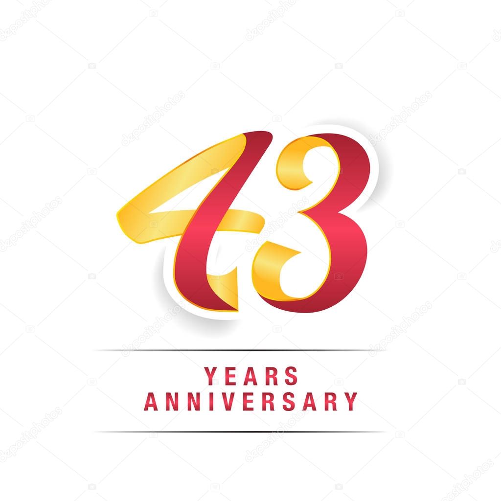 43 Years Red and Yellow Anniversary Celebration Logo Isolated on White Background