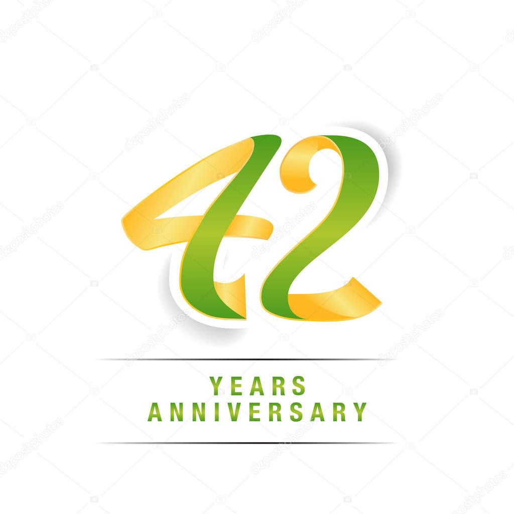42 Years Green and Yellow Anniversary Logo Celebration, Vector Illustration Isolated on White Background 