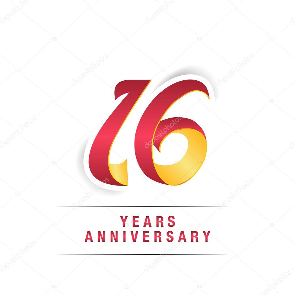 16 Years Red and Yellow Anniversary Celebration Logo Isolated on White Background