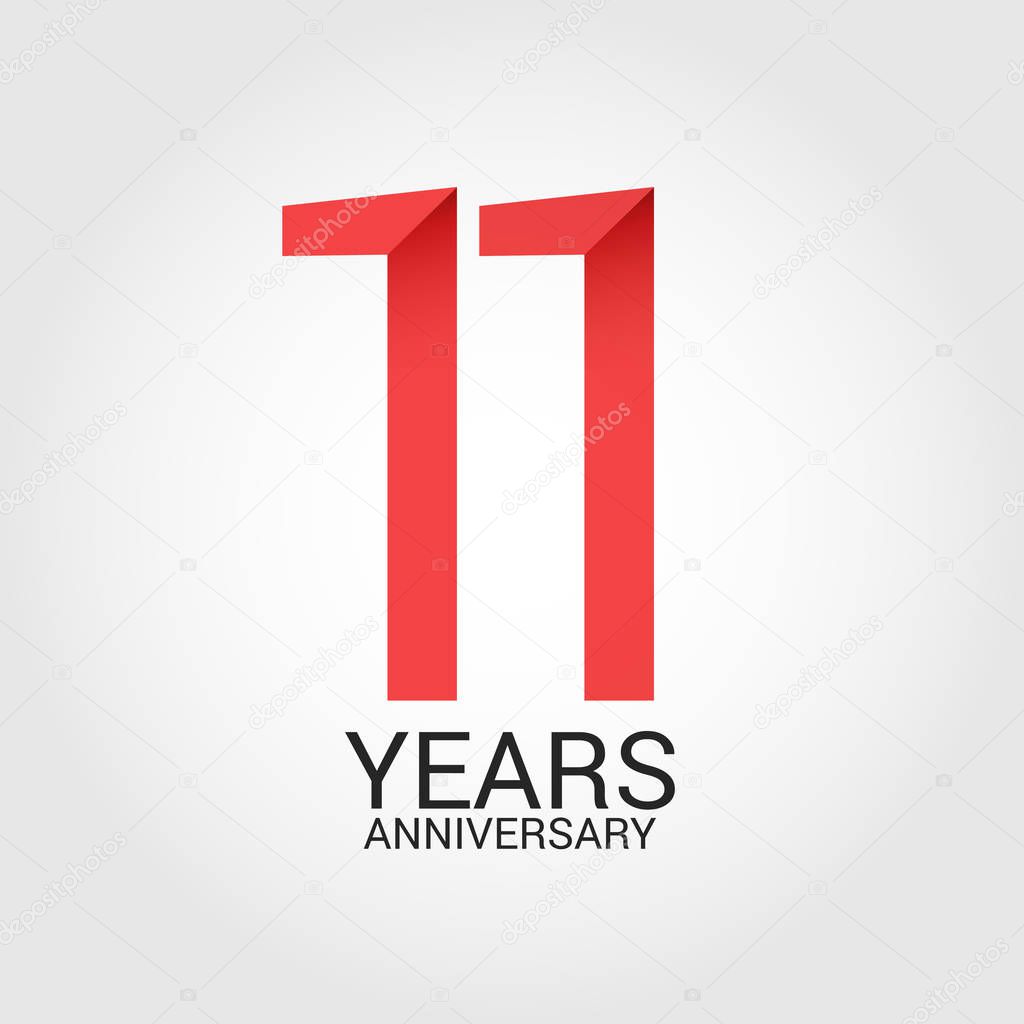 Colorful vector illustration of logo template with red number 11 and grey text years anniversary isolated on white background