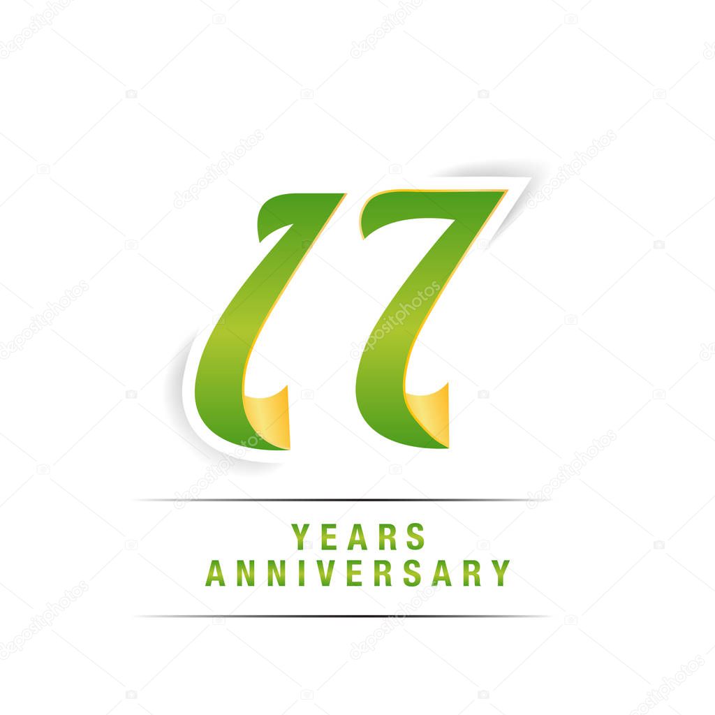 17 Years Green and Yellow Anniversary Logo Celebration, Vector Illustration Isolated on White Background 