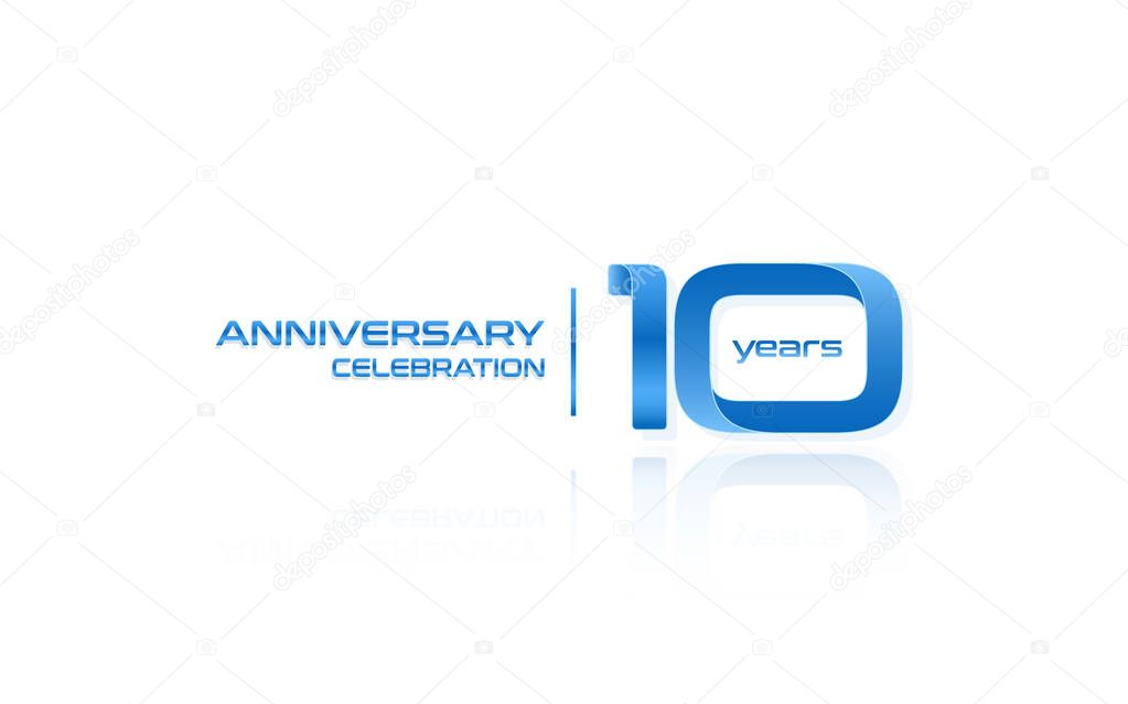 10 years anniversary celebration blue logo template, vector illustration isolated on white background