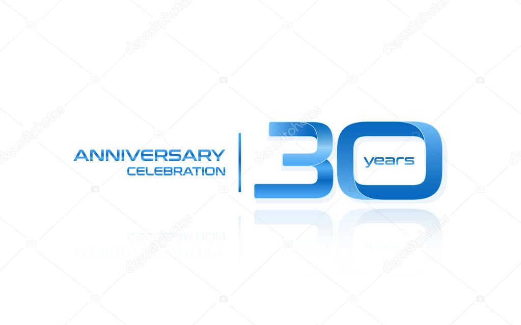 30 years anniversary celebration blue logo template, vector illustration isolated on white background