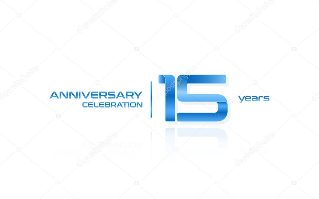 15 years anniversary celebration blue logo template, vector illustration isolated on white background