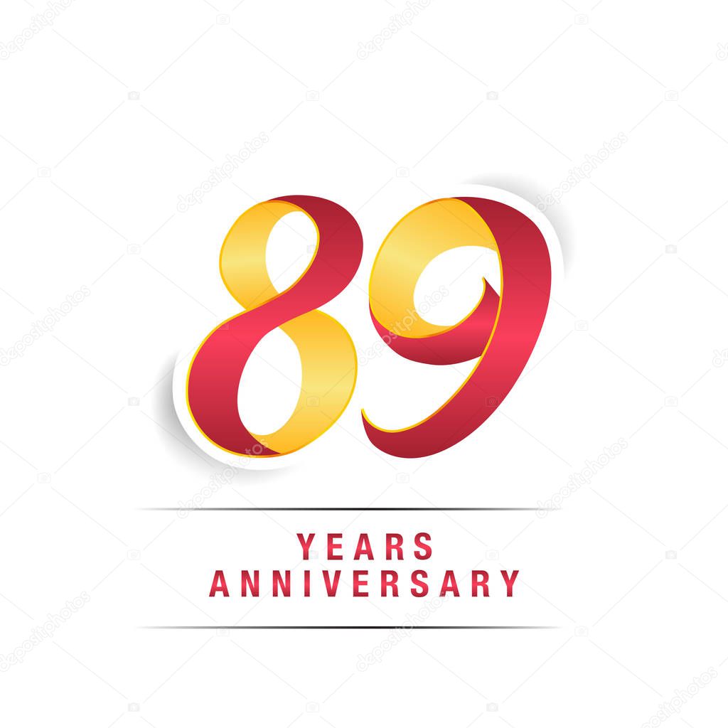 89 Years Red and Yellow Anniversary Celebration Logo Isolated on White Background