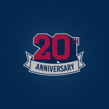 20 yıl yıldönümü kutlama logolu kırmızı sayılar ve şerit, vektör çizim koyu arka plan üzerinde gümüş