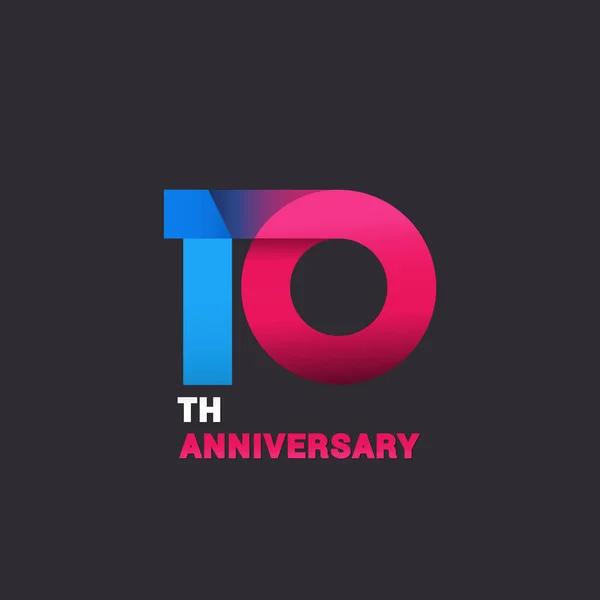 第十周年纪念标志庆祝 蓝色和粉红色平面设计矢量图黑色背景 — 图库矢量图片