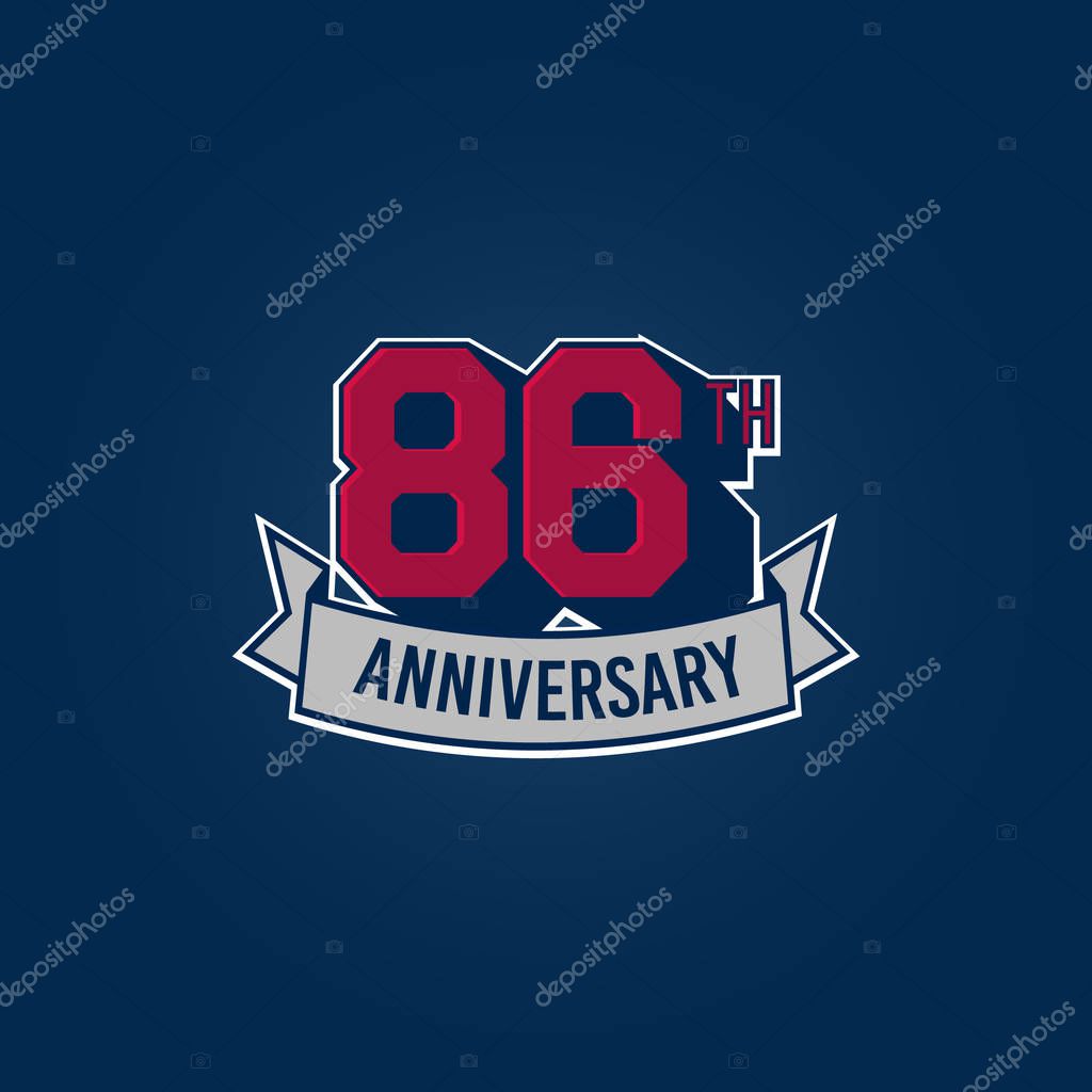 86 years silver anniversary celebration logo with red numbers and ribbon, vector illustration on dark background