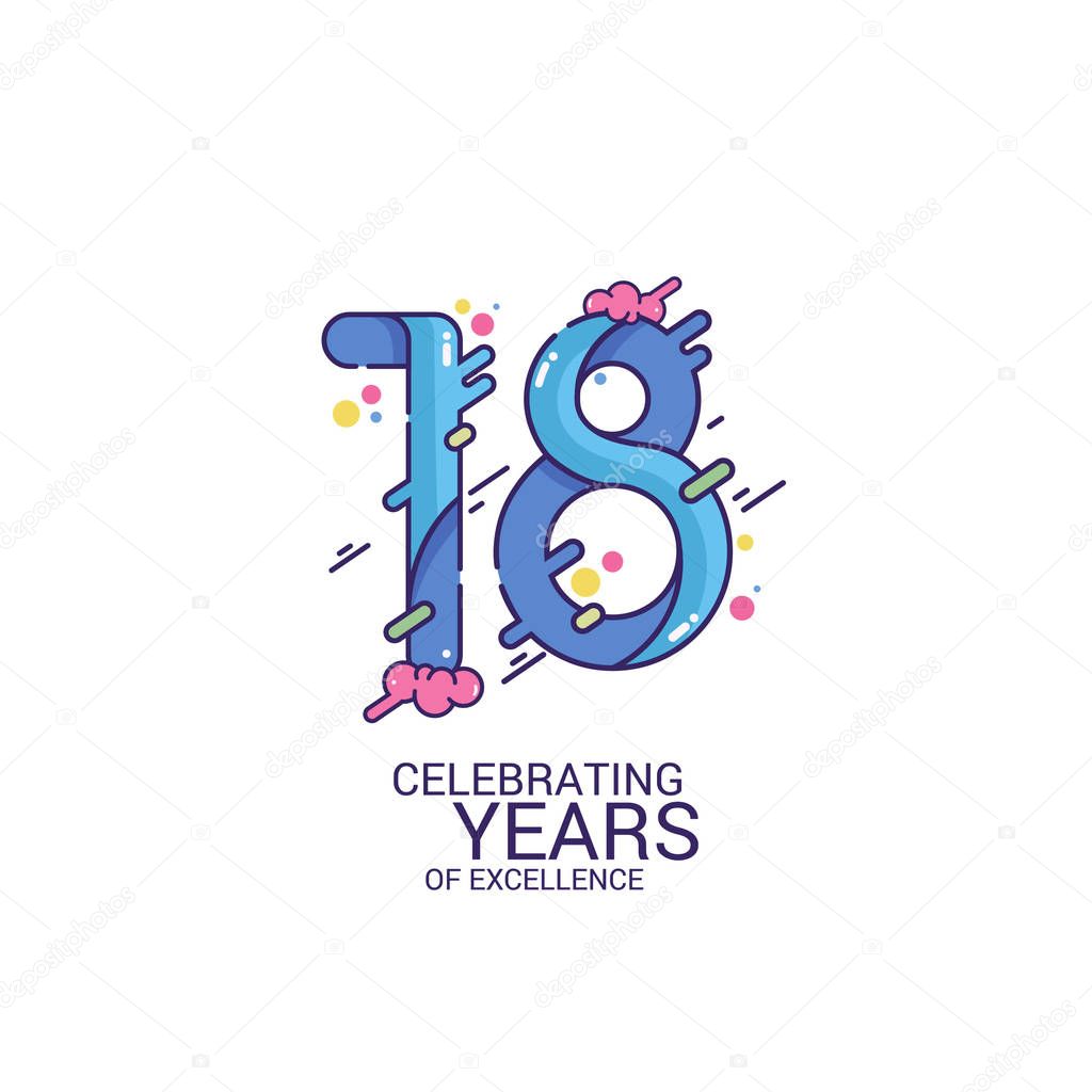 18 años de diseño de excelencia, logotipo de celebración de color azul ...