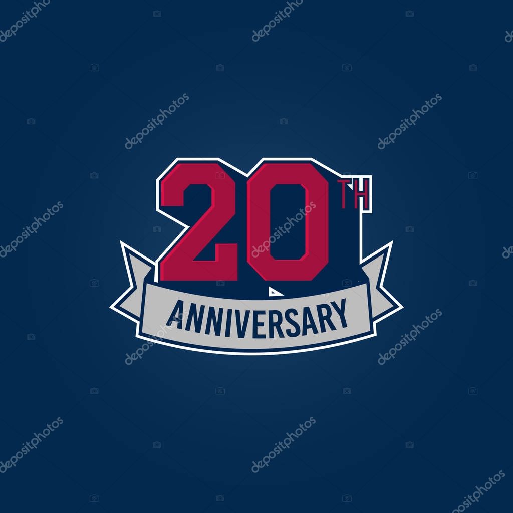 20 years silver anniversary celebration logo with red numbers and ribbon, vector illustration on dark background