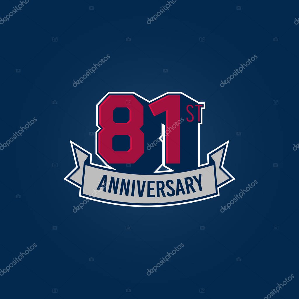 81 years silver anniversary celebration logo with red numbers and ribbon, vector illustration on dark background