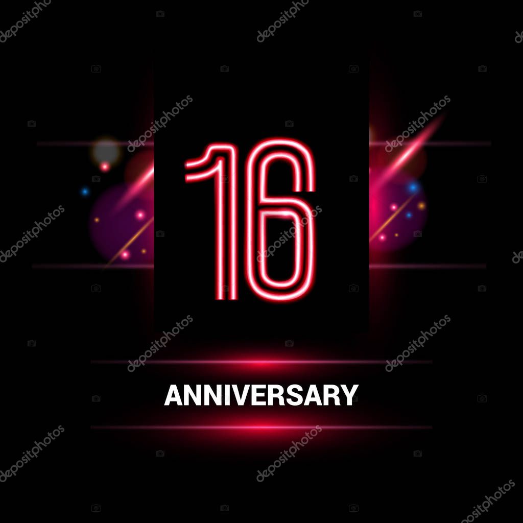 16 Years Anniversary vector logo design using neon style with flare ornament, illustration on dark background