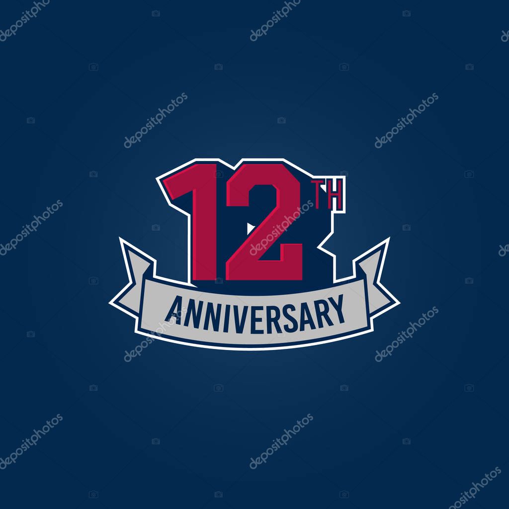 12 years silver anniversary celebration logo with red numbers and ribbon, vector illustration on dark background