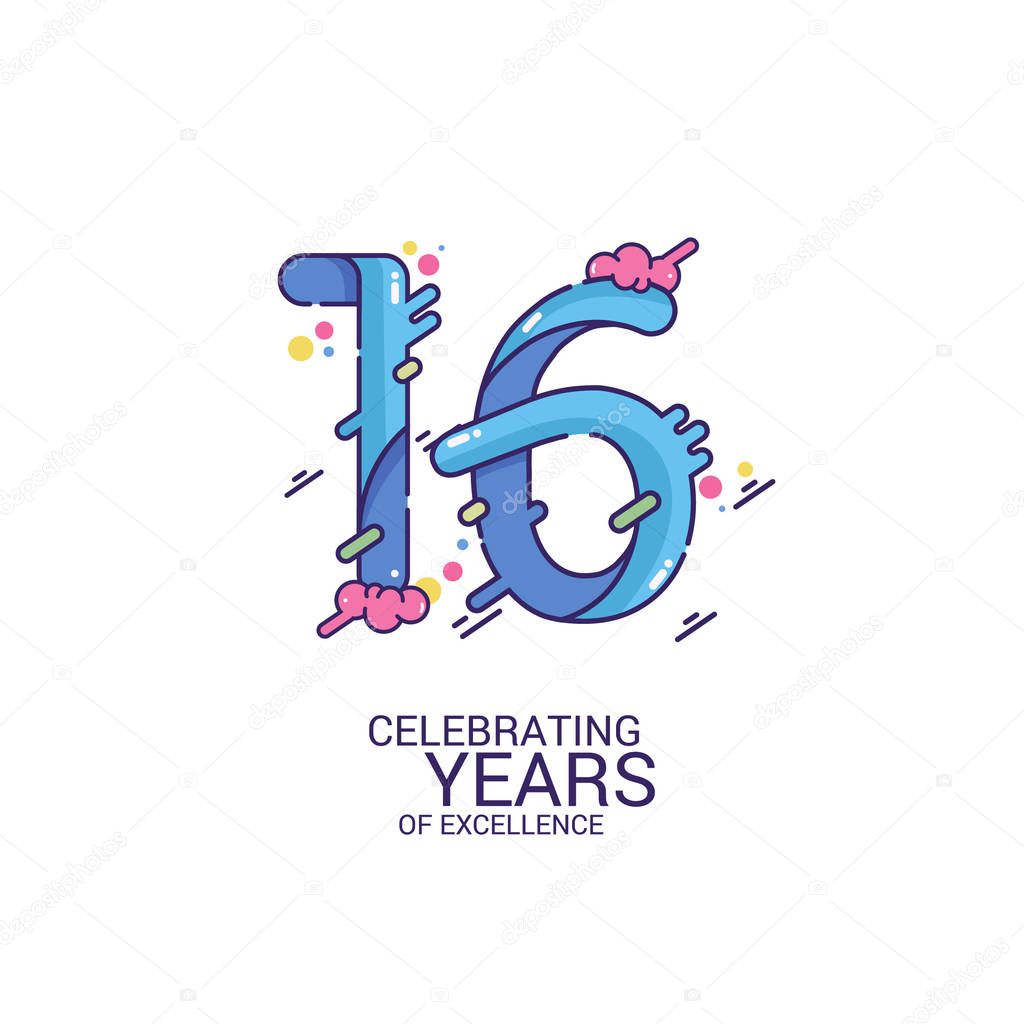 16 Years Of Excellence Design, Blue Splash Colored Celebration Logo Isolated on White Background