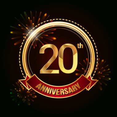 logo vektör çizim koyu arka plan üzerinde kırmızı kurdele ve havai fişek ile kutluyor 20 altın yıldönümü 