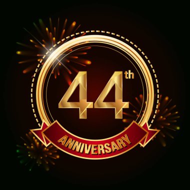 44 altın yıldönümü logo vektör çizim koyu arka plan üzerinde kırmızı kurdele ve havai fişek ile kutluyor 