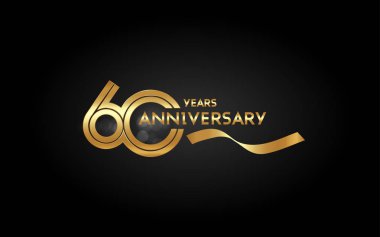 60 yıl yıldönümü logo altın Çoklu Doğrusal numaraları ve altın şerit, vektör çizim siyah arka plan üzerine