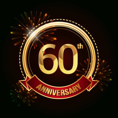 60 altın yıldönümü logo vektör çizim koyu arka plan üzerinde kırmızı kurdele ve havai fişek ile kutluyor 