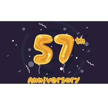 57 yıl yıldönümü kutlama Logo, renkli, sarı folyo balon vektör çizim koyu mor zemin üzerine