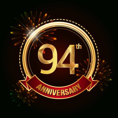 94 altın yıldönümü logo vektör çizim koyu arka plan üzerinde kırmızı kurdele ve havai fişek ile kutluyor 