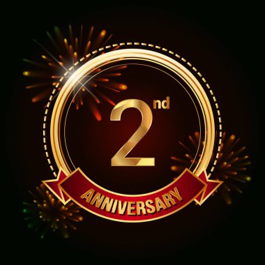 2 altın yıldönümü logo vektör çizim koyu arka plan üzerinde kırmızı kurdele ve havai fişek ile kutluyor 