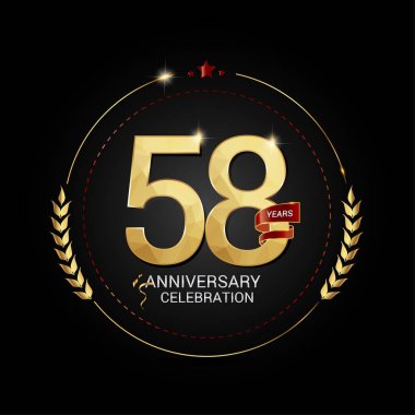 58 yaş altın yıldönümü logo resimde siyah zemin üzerine kırmızı kurdele ile düşük Poli dizayn numarası, vektör