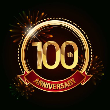 100 altın yıldönümü logo vektör çizim koyu arka plan üzerinde kırmızı kurdele ve havai fişek ile kutluyor 