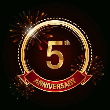 5 altın yıldönümü logo vektör çizim koyu arka plan üzerinde kırmızı kurdele ve havai fişek ile kutluyor 