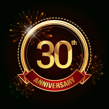 Altın 30.yıl logo vektör çizim koyu arka plan üzerinde kırmızı kurdele ve havai fişek ile kutluyor 