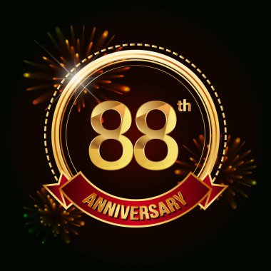 88 altın yıldönümü logo vektör çizim koyu arka plan üzerinde kırmızı kurdele ve havai fişek ile kutluyor 
