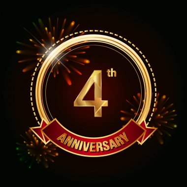 4 altın yıldönümü logo vektör çizim koyu arka plan üzerinde kırmızı kurdele ve havai fişek ile kutluyor 