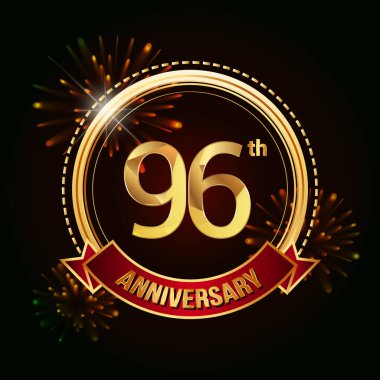 96 altın yıldönümü logo vektör çizim koyu arka plan üzerinde kırmızı kurdele ve havai fişek ile kutluyor 