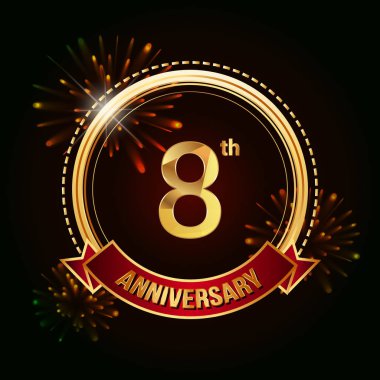8 altın yıldönümü logo vektör çizim koyu arka plan üzerinde kırmızı kurdele ve havai fişek ile kutluyor 